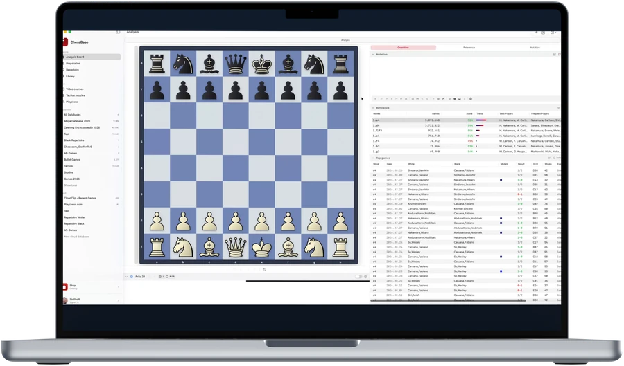 ChessBase for Mac on a MacBook Pro: the analysis board at the starting position, with the reference moves and the top games listed beside it